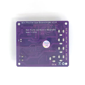 Mini Router UPS Board 40W V2.6 for Router & Modem in Pakistan - a purple circuit board with labeled ports for 5V, 9V, 12V outputs, battery B+/B- terminals, and a CH IN input.