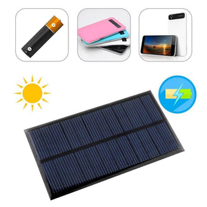 Mini Solar Panel 3V 1W - shown as a rectangular blue solar cell with icons of a battery, power bank, smartphone, sun, and a charging symbol.