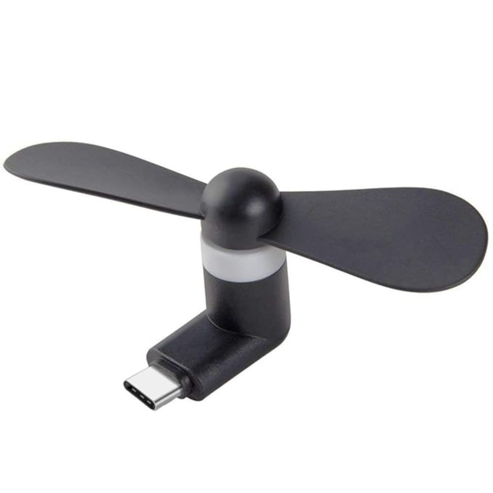 Mini Type-C High Speed USB Mobile Cooler Fan | Portable Android Cooling Fan - a black, two-blade portable fan with a white ring connector and a Type-C USB plug.