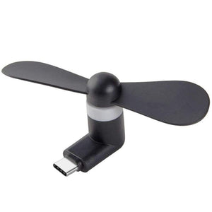 Mini Type-C High Speed USB Mobile Cooler Fan | Portable Android Cooling Fan - a black, two-blade portable fan with a white ring connector and a Type-C USB plug.