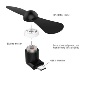 Mini Type-C High Speed USB Mobile Cooler Fan | Portable Android Cooling Fan - shown in an exploded view with a black TPE rotor blade, white spacer, electro-motor, and USB-C interface.