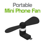 Mini USB Fan For Mobile Phone Micro USB Port Mix Color - a black two-blade portable fan with a white ring connector and a Micro USB port, shown against a white background.