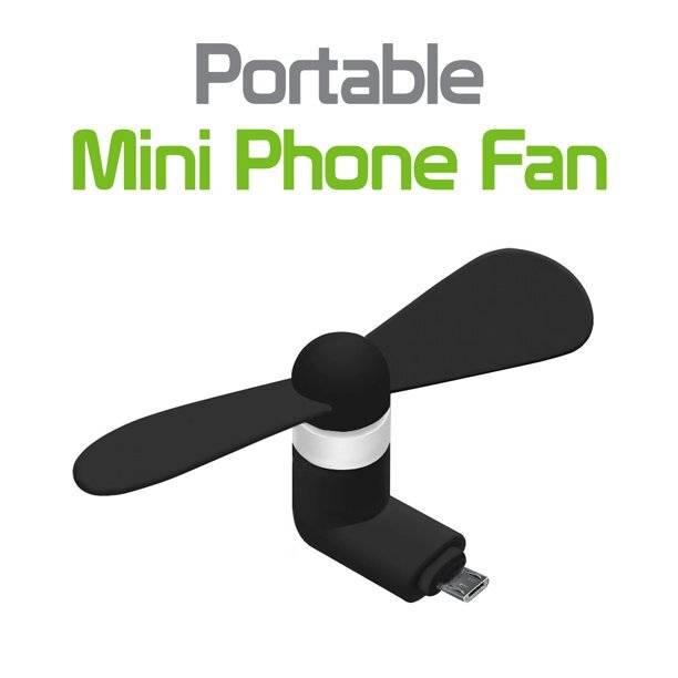 Mini USB Fan For Mobile Phone Micro USB Port Mix Color - a black two-blade portable fan with a white ring connector and a Micro USB port, shown against a white background.