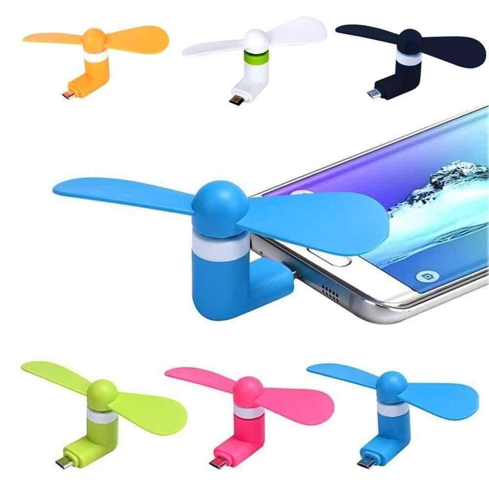 Mini USB Fan For Mobile Phone Micro USB Port Mix Color - a blue fan plugged into a smartphone alongside six other fans in various colours.