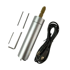 Mini USB Hand Drill Machine - shown with a silver cylindrical body, a gold-coloured chuck, a USB power cable, two drill bits, and an L-shaped hex key.