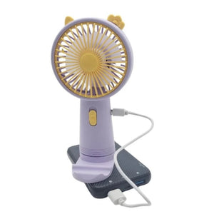 Mini USB Rechargeable Small Handheld Fan | Portable Table Fan Wholesale - a purple portable fan with a yellow grille, connected by a white USB cable to a black power bank.