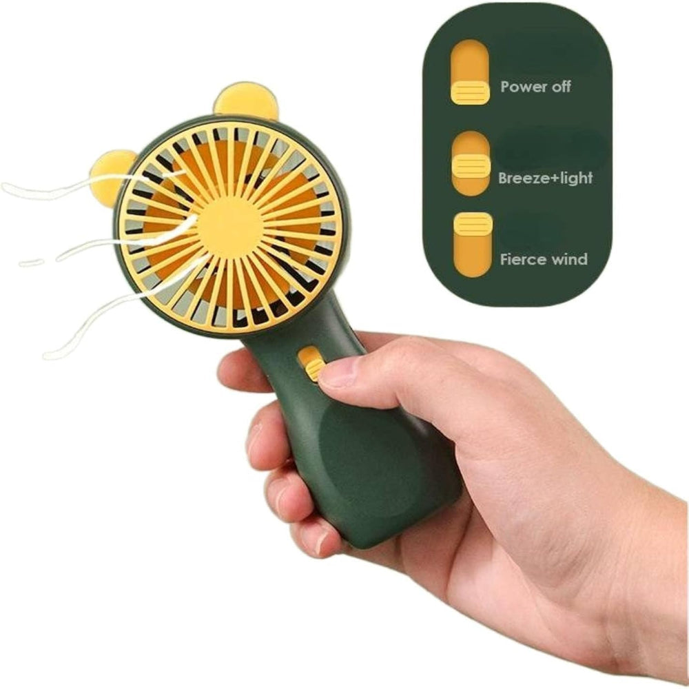 Mini USB Rechargeable Small Handheld Fan | Portable Table Fan Wholesale - with yellow accents, held in a hand, showing a three-position switch and a mode guide graphic.