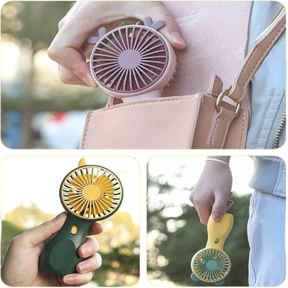 Mini USB Rechargeable Small Handheld Fan | Portable Table Fan Wholesale - shown in three views, featuring purple, yellow, and green portable designs with a visible power switch.