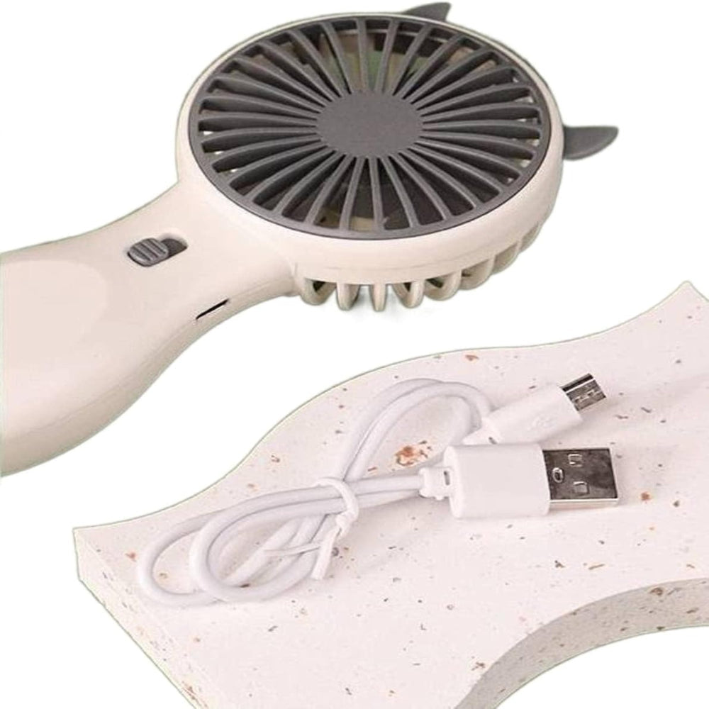 Mini USB Rechargeable Small Handheld Fan | Portable Table Fan Wholesale - a white handheld fan with a grey grille, a side power switch, and a white USB charging cable.