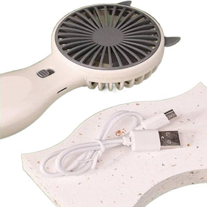 Mini USB Rechargeable Small Handheld Fan | Portable Table Fan Wholesale - a white handheld fan with a grey grille, a side power switch, and a white USB charging cable.
