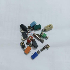 Mini Vibration Motor MT35 3V - shown as a collection of various small, multi-coloured cylindrical vibration motors with attached metal shafts and connectors.
