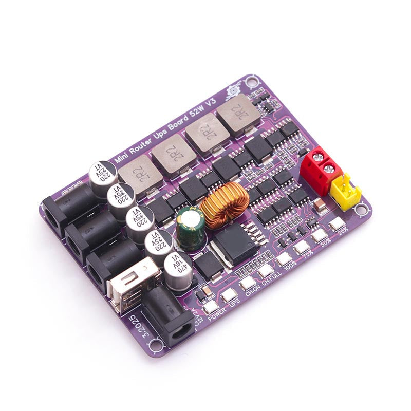 Mini WiFi Router UPS Borad 52W V3 3.7V-4.2V Battery - a purple circuit board featuring multiple DC barrel jacks, a USB port, inductors, capacitors, and LED indicators.
