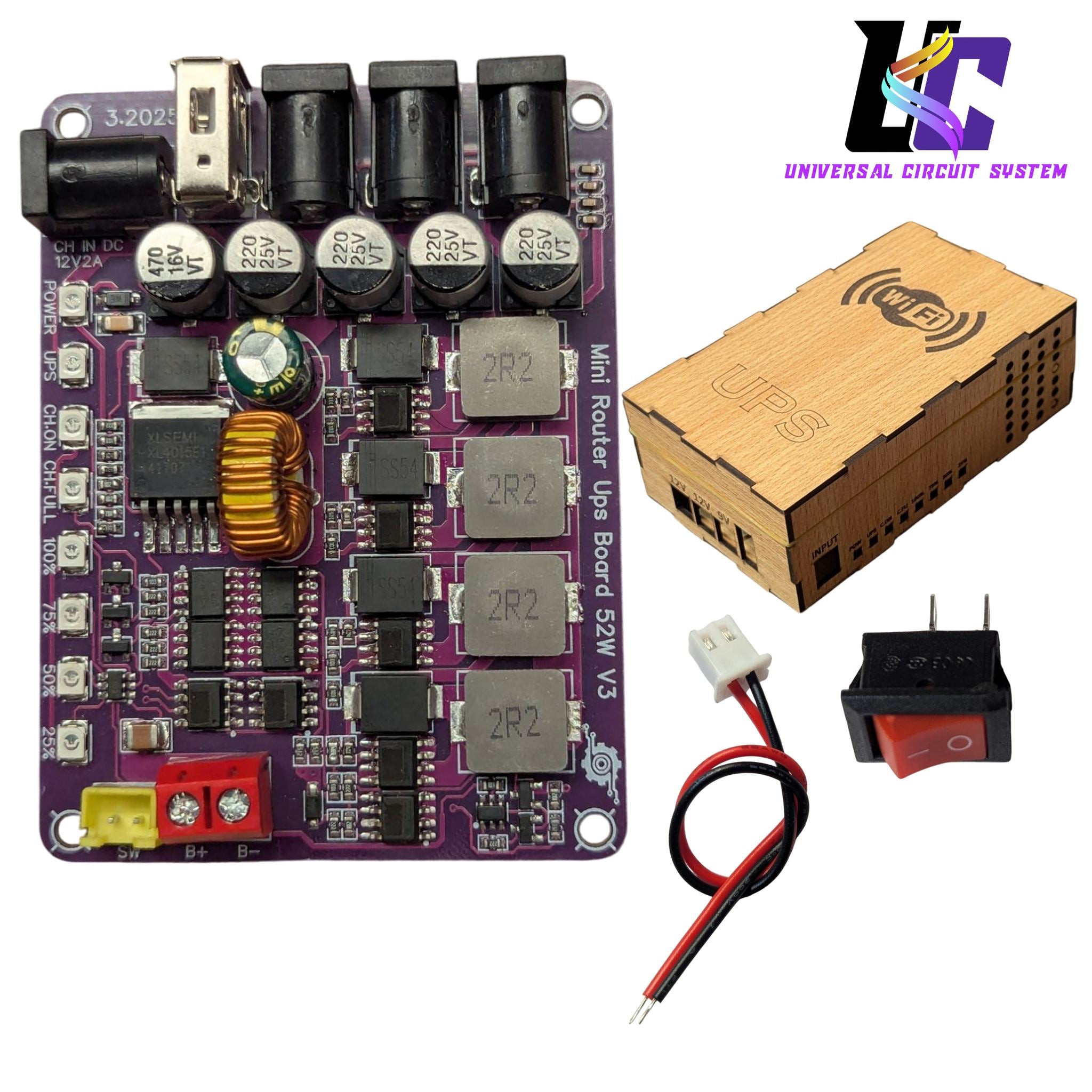Mini WiFi Router UPS Borad 52W V3 3.7V-4.2V Battery - a purple circuit board with ports, capacitors, and inductors, a wooden enclosure, a power switch, and a wire lead.
