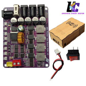 Mini WiFi Router UPS Borad 52W V3 3.7V-4.2V Battery - a purple circuit board with ports, capacitors, and inductors, a wooden enclosure, a power switch, and a wire lead.