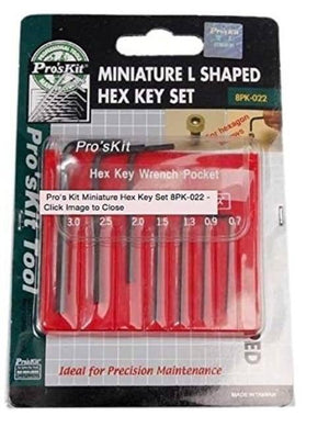Miniature l Key Wrench Screwdriver Kit Hex Key Set Allen 7pcs 0.7-3.0mm 8pk-022 Proskit - seven black hex wrenches arranged in a red plastic holder.