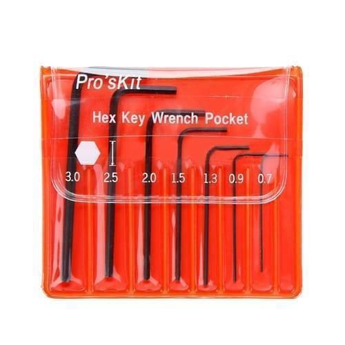 Miniature l Key Wrench Screwdriver Kit Hex Key Set Allen 7pcs 0.7-3.0mm 8pk-022 Proskit - Pocket set, a 7-piece collection of black Allen keys ranging from 0.7mm to 3.0mm inside a clear orange plastic storage sleeve.