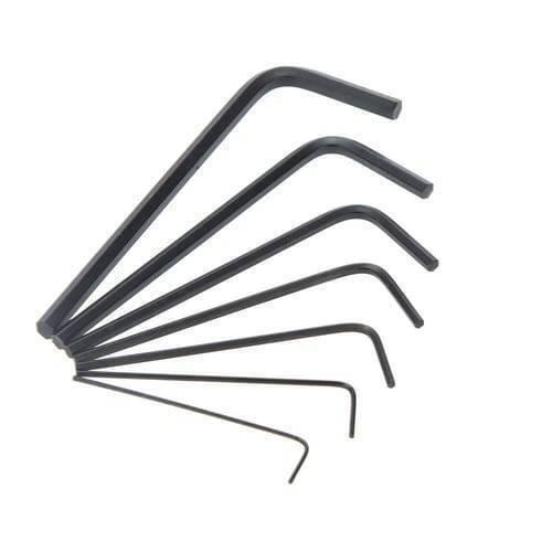 Miniature l Key Wrench Screwdriver Kit Hex Key Set Allen 7pcs 0.7-3.0mm 8pk-022 Proskit - seven black L-shaped hex keys of varying sizes arranged in a fan pattern against a white background.