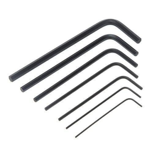 Miniature l Key Wrench Screwdriver Kit Hex Key Set Allen 7pcs 0.7-3.0mm 8pk-022 Proskit - seven black L-shaped hex keys of varying sizes.