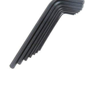 Miniature l Key Wrench Screwdriver Kit Hex Key Set Allen 7pcs 0.7-3.0mm 8pk-022 Proskit - of seven black L-shaped hex keys nested together.