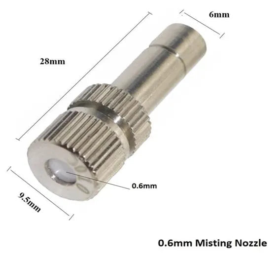 Mist Nozzle 0.6mm Sprayer Fogging Nozzle Disinfect Sprinkler 6010 - a silver metal nozzle shown in a dimension diagram with labels indicating its 28mm length and 9.5mm width.