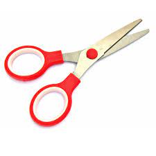 Mix Colour Scissore For General - a pair of scissors with silver metal blades and red plastic handles with white inner grips.