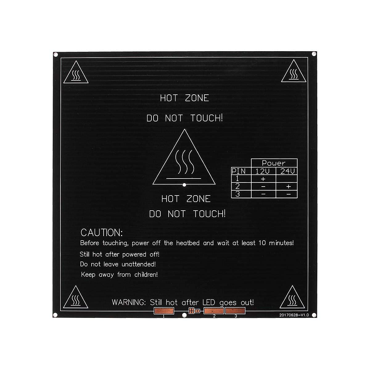 MK3 Heatbed Heated Bed Heat Bed 214x214x3mm Aluminum PCB Board Heat Bed 12V/24V Dual Power for RepRap 3D Printer - a square black aluminum PCB with white text, warning symbols, and a three-pin power connection table labeled for 12V and 24V operation.
