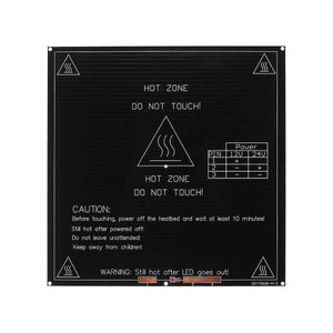 MK3 Heatbed Heated Bed Heat Bed 214x214x3mm Aluminum PCB Board Heat Bed 12V/24V Dual Power for RepRap 3D Printer - a square black aluminum PCB with white text, warning symbols, and a three-pin power connection table labeled for 12V and 24V operation.