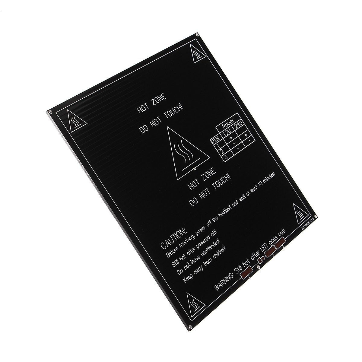 MK3 Heatbed Heated Bed Heat Bed 214x214x3mm Aluminum PCB Board Heat Bed 12V/24V Dual Power for RepRap 3D Printer - a rectangular black aluminum PCB board featuring printed safety warnings, hot zone symbols, and a power configuration wiring table.