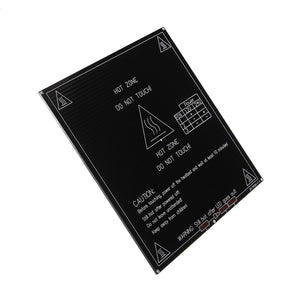 MK3 Heatbed Heated Bed Heat Bed 214x214x3mm Aluminum PCB Board Heat Bed 12V/24V Dual Power for RepRap 3D Printer - a rectangular black aluminum PCB board featuring printed safety warnings, hot zone symbols, and a power configuration wiring table.