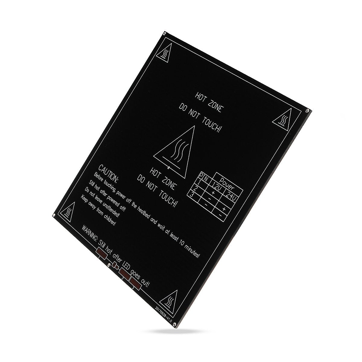 MK3 Heatbed Heated Bed Heat Bed 214x214x3mm Aluminum PCB Board Heat Bed 12V/24V Dual Power for RepRap 3D Printer - a rectangular black aluminum PCB board featuring printed warning text, hot zone icons, and a pin connection table for 12V and 24V power.