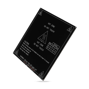 MK3 Heatbed Heated Bed Heat Bed 214x214x3mm Aluminum PCB Board Heat Bed 12V/24V Dual Power for RepRap 3D Printer - a rectangular black aluminum PCB board featuring printed warning text, hot zone icons, and a pin connection table for 12V and 24V power.