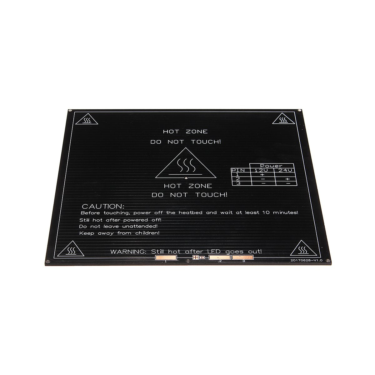 MK3 Heatbed Heated Bed Heat Bed 214x214x3mm Aluminum PCB Board Heat Bed 12V/24V Dual Power for RepRap 3D Printer - a square black aluminum PCB board with printed safety warnings, a central hot zone symbol, and a three-pin power configuration table.