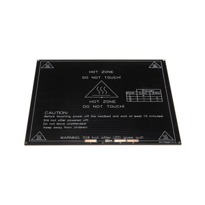 MK3 Heatbed Heated Bed Heat Bed 214x214x3mm Aluminum PCB Board Heat Bed 12V/24V Dual Power for RepRap 3D Printer - a square black aluminum PCB board with printed safety warnings, a central hot zone symbol, and a three-pin power configuration table.