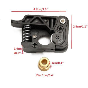 MK8/9 Dual Extruder Feed Device Part For 3d Printer 1.75mm Filament - 1( Right Side) - right-side version, shown with its black plastic housing, metal spring, screws, and a separate brass gear with dimensions.