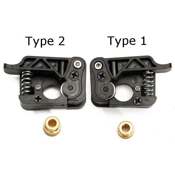 MK8/9 Dual Extruder Feed Device Part For 3d Printer 1.75mm Filament - 1( Right Side) - two black plastic extruder assemblies labeled Type 1 and Type 2, each with a brass gear below.