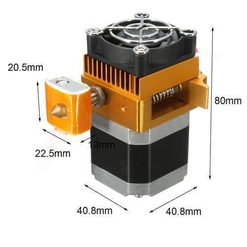 MK8 Extruder Head J-head Hotend 0.4mm Nozzle Assembled Complete Kit 3d Printer Parts - shown as an assembled kit with a gold-coloured metal heat sink, cooling fan, and nozzle, annotated with dimension lines.