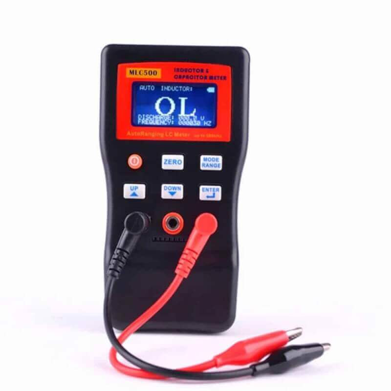 MLC500 Digital LC Meter - black meter with red screen and buttons, red and black crocodile test clips
