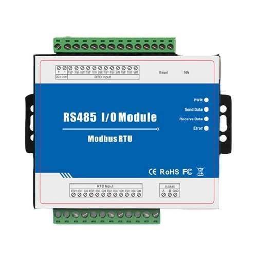 Modbus Slave RTD Remote I/o Module Data Acquisition 8 RTD Inputs 12~36VDC With Anti-reverse Protection M340 - a blue and white rectangular device with green terminal blocks, status LEDs, and labeled input and RS485 ports.
