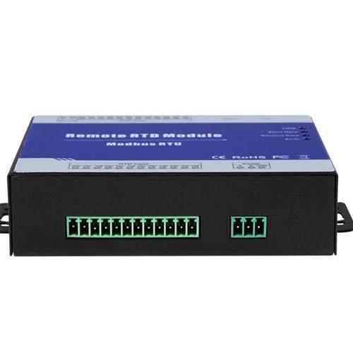 Modbus Slave RTD Remote I/o Module Data Acquisition 8 RTD Inputs 12~36VDC With Anti-reverse Protection M340 - a black rectangular device with a blue top panel featuring a long green 12-pin terminal block and a 3-pin connector.