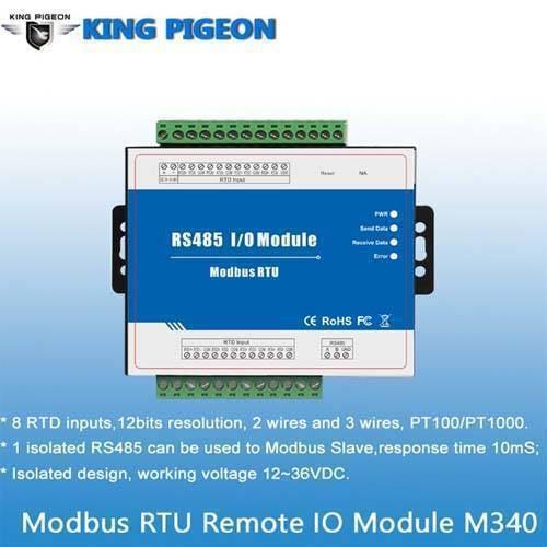 Modbus Slave RTD Remote I/o Module Data Acquisition 8 RTD Inputs 12~36VDC With Anti-reverse Protection M340 - a blue rectangular device featuring green terminal blocks, RS485 ports, and LED status indicators for power and data.