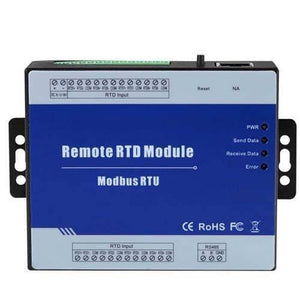 Modbus Slave RTD Remote I/o Module Data Acquisition 8 RTD Inputs 12~36VDC With Anti-reverse Protection M340 - a rectangular blue and grey device with terminal blocks, status LEDs, a reset button, and RS485 ports.