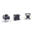 Momentary Tactile DIP Push Button Switch - shown as three black, square-shaped tactile switches with four metal pins each, viewed from different angles.