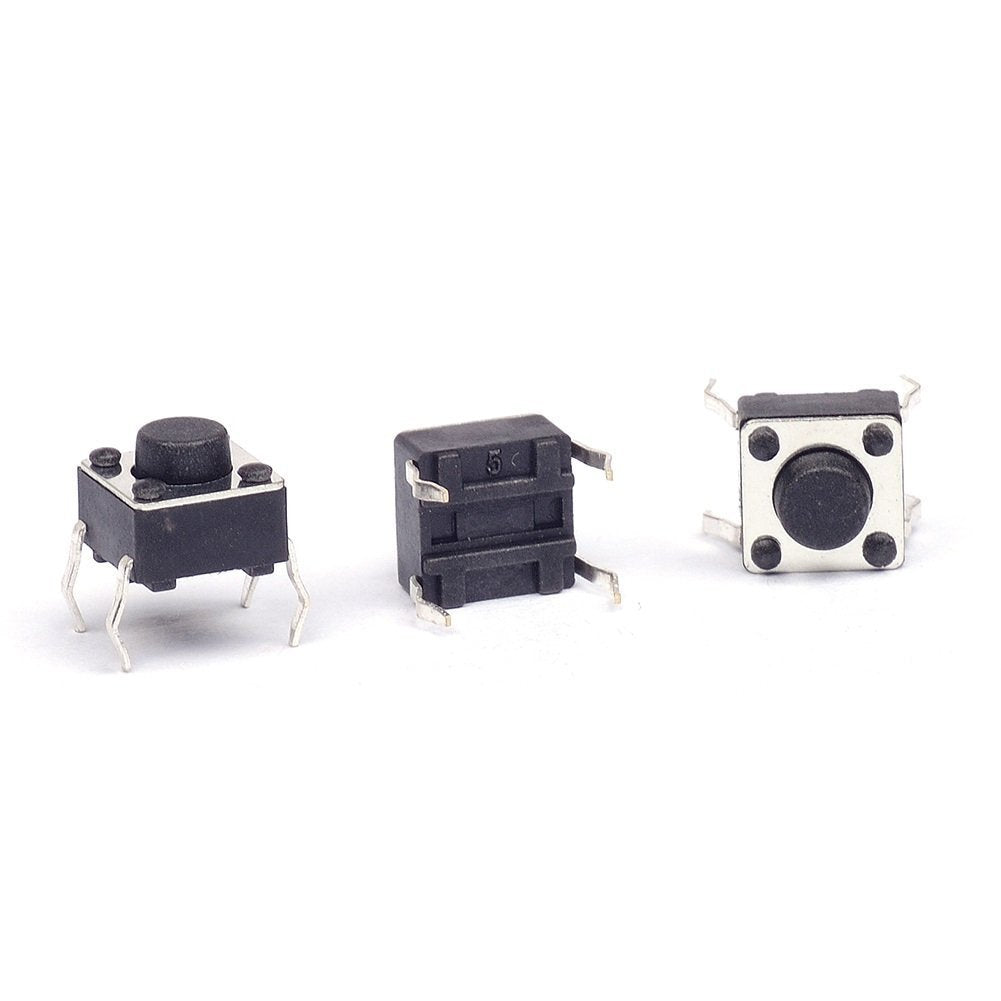 Momentary Tactile DIP Push Button Switch - shown as three black, square-shaped tactile switches with four metal pins each, viewed from different angles.