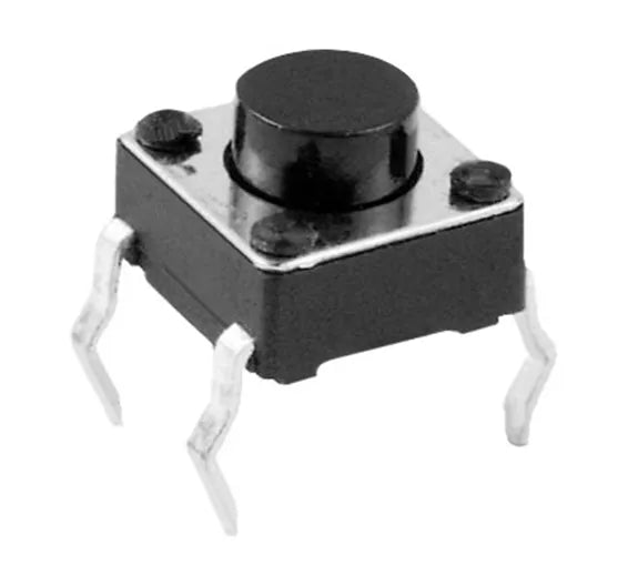 Momentary Tactile DIP Push Button Switch - a small square black component with a circular black button on top and four metal pins extending from the base.