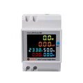 Mora AES-998 6IN1 DIN rail AC 220V 100A Voltage Current kWh Electric energy meter with Frequency and Power Factor - Series 988 multi-function digital meter, a white DIN rail device with a color display showing 0.0W, 0.00kWh, 233.8V, 50.0Hz, 0.00A, and 0.00PF.