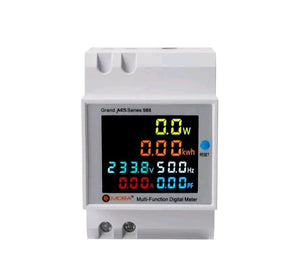 Mora AES-998 6IN1 DIN rail AC 220V 100A Voltage Current kWh Electric energy meter with Frequency and Power Factor - Series 988 multi-function digital meter, a white DIN rail device with a color display showing 0.0W, 0.00kWh, 233.8V, 50.0Hz, 0.00A, and 0.00PF.