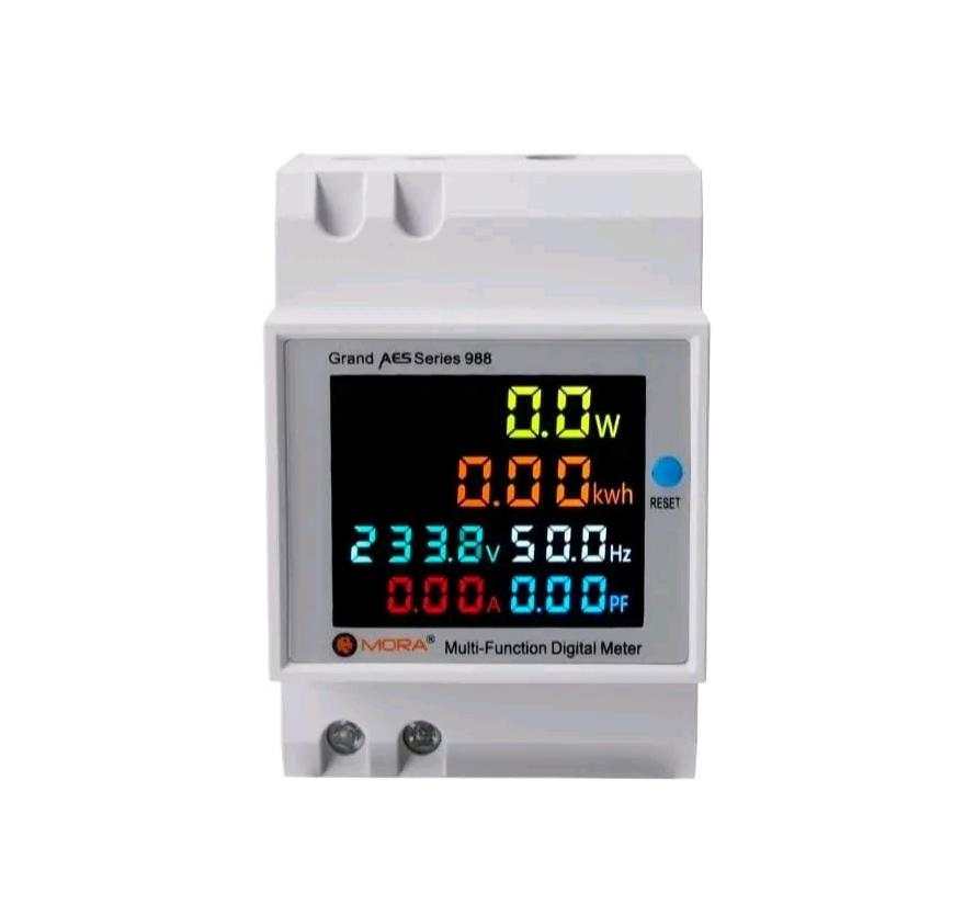 Mora AES-998 6IN1 DIN rail AC 220V 100A Voltage Current kWh Electric energy meter with Frequency and Power Factor - Series 988 multi-function digital meter, a white DIN rail device with a color display showing 0.0W, 0.00kWh, 233.8V, 50.0Hz, 0.00A, and 0.00PF.