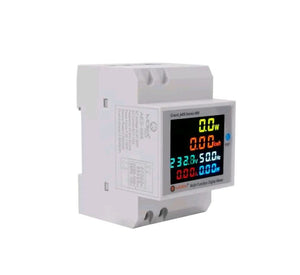 Mora AES-998 6IN1 DIN rail AC 220V 100A Voltage Current kWh Electric energy meter with Frequency and Power Factor - a white modular device with a multi-colored digital display showing 0.0W, 0.00kWh, 232.8V, 50.0Hz, 0.00A, and 0.00PF.