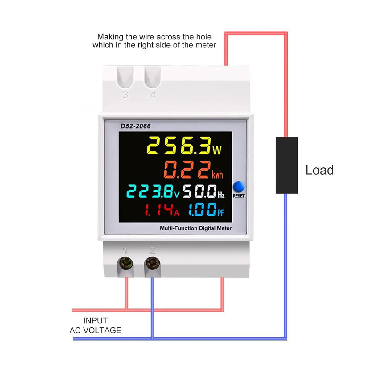 Mora AES-998 6IN1 DIN rail AC 220V 100A Voltage Current kWh Electric energy meter with Frequency and Power Factor - a white digital display unit with a color screen reading 256.3W, 0.22kWh, 223.8V, 50.0Hz, 1.14A.