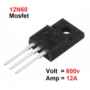 MOSFET 12N60 600V 12A MOSFET N-channel Transistor ( used ) - a black, three-pin N-channel transistor with FQPF 12N60C and A25 printed on its face, shown against a white background.